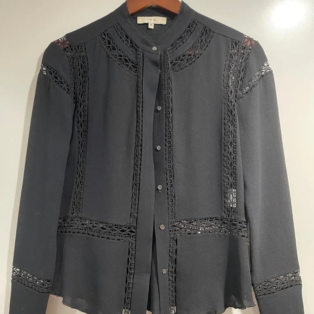 Iro Black Lace Cutout Long Sleeve Button Down